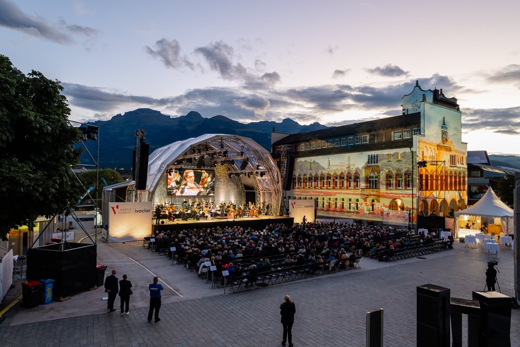 Open-air stage of the Vaduz Classic Festival at dusk, 2025
